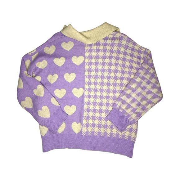 Kawaii Colorblock Womens Large Heart Plaid Purple Collar Sweater - Picture 3 of 4